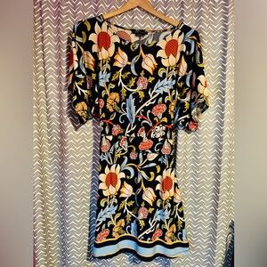 BCBG MAXAZRIA | Navy Blue Woodblock Women's Floral Kimono Dress, Size XS